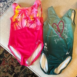 Girl’s workout Leo’s for gymnastics- Green L and Pink M. Gym leotard pair